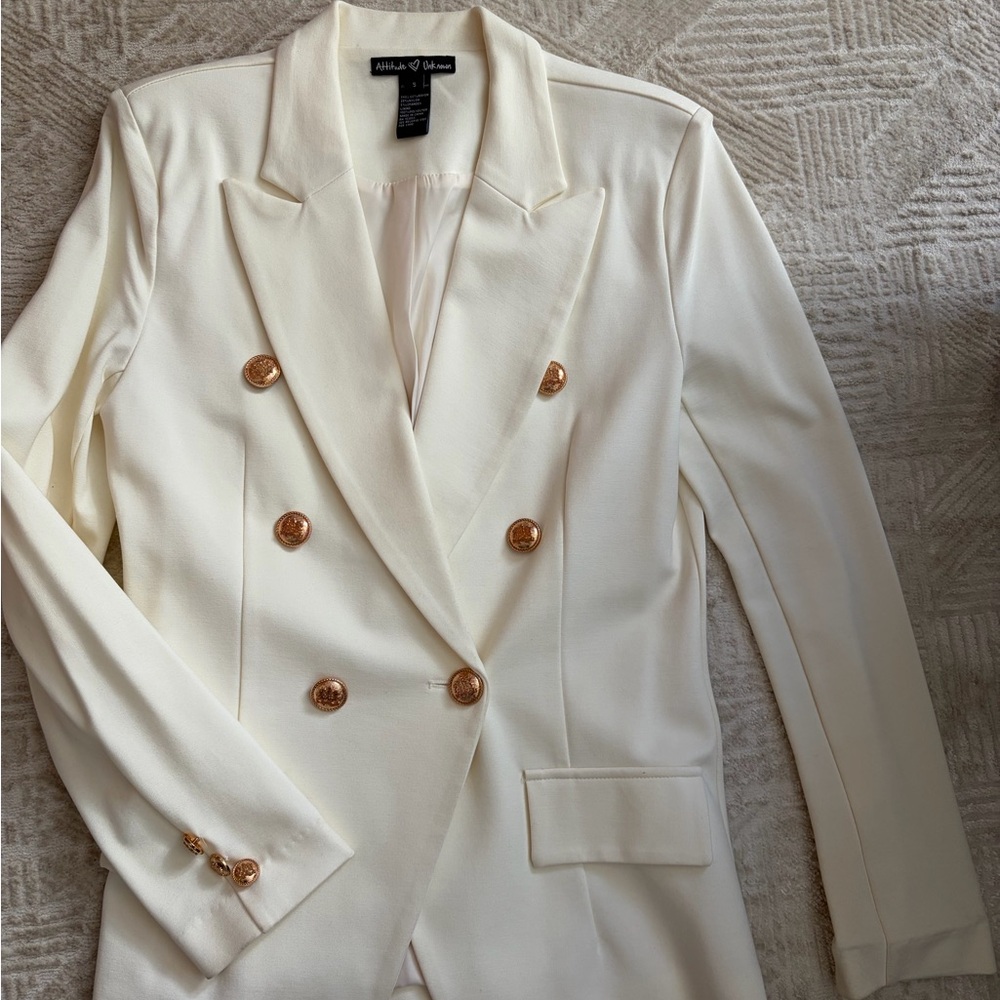 Elegant Double-Breasted Cream Blazer with Gold Accents
